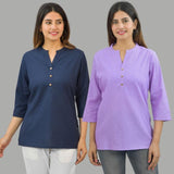 Combo of 2 Purple and Navy Blue Cotton Flax Women Top