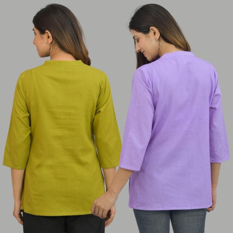Combo of 2 Purple and Olive Green Cotton Flax Women Top