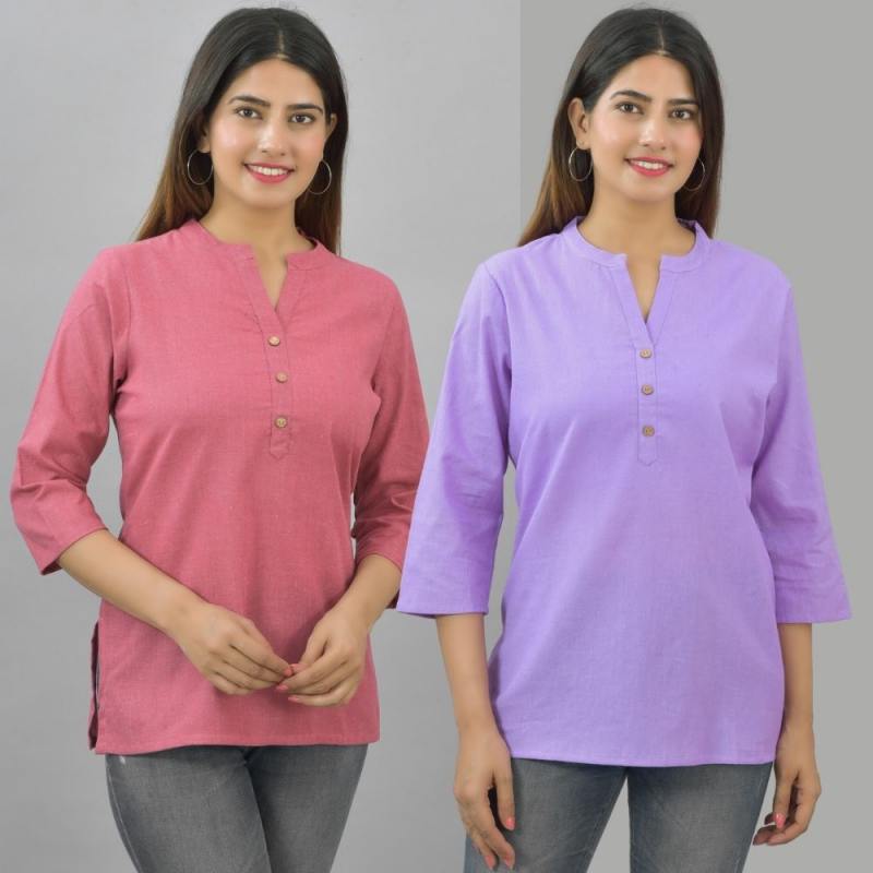 Combo of 2 Purple and Pink Cotton Flax Women Top-10688