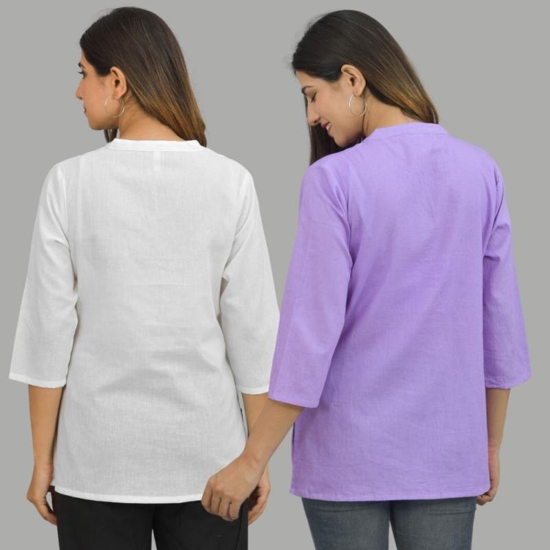 Combo of 2 Purple and White Cotton Flax Women Top