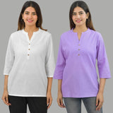 Combo of 2 Purple and White Cotton Flax Women Top