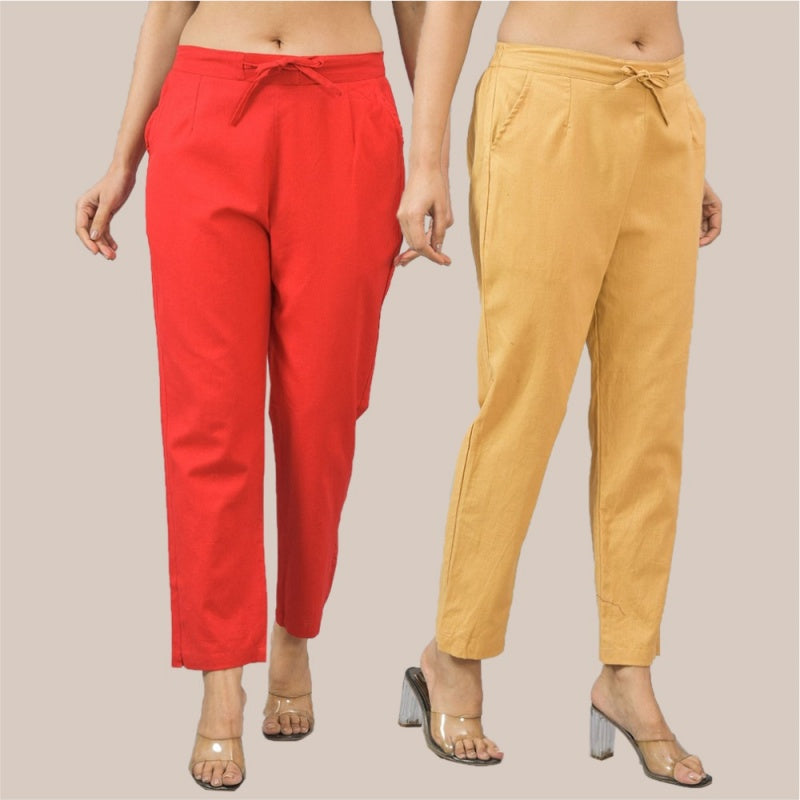 Combo of 2 Red and Beige Cotton Flax Women Trouser Pant-10322