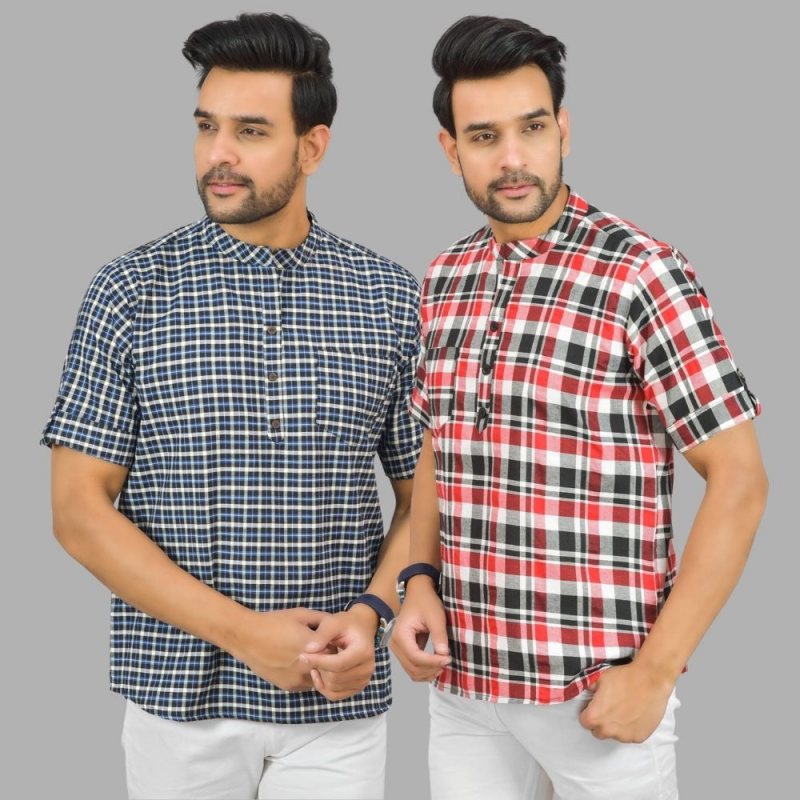 Combo of 2 Red and Blue Cotton Handloom Short Kurta-25367