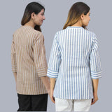 Combo of 2 Sky Blue and Beige Cotton Stripe Women Top