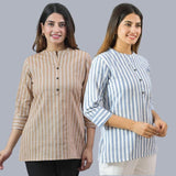 Combo of 2 Sky Blue and Beige Cotton Stripe Women Top