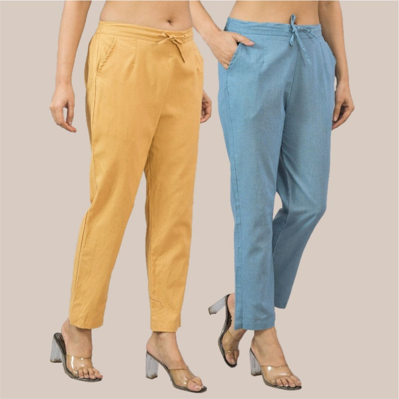 Combo of 2 Sky Blue and Beige Cotton Flax Women Trouser Pant-10323