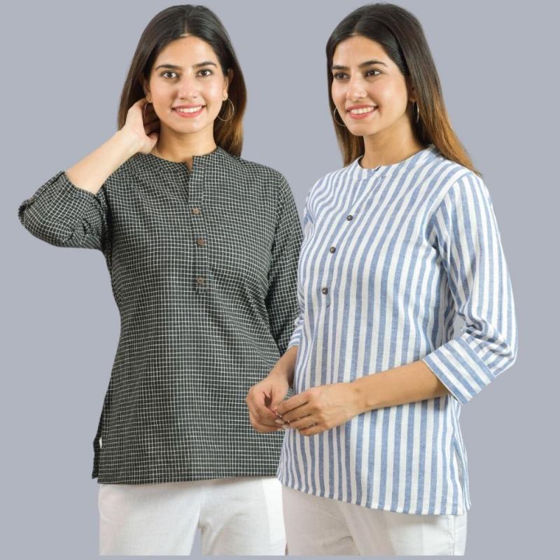 Combo of 2 Sky Blue and Black Cotton Checks and Stripe Women Top