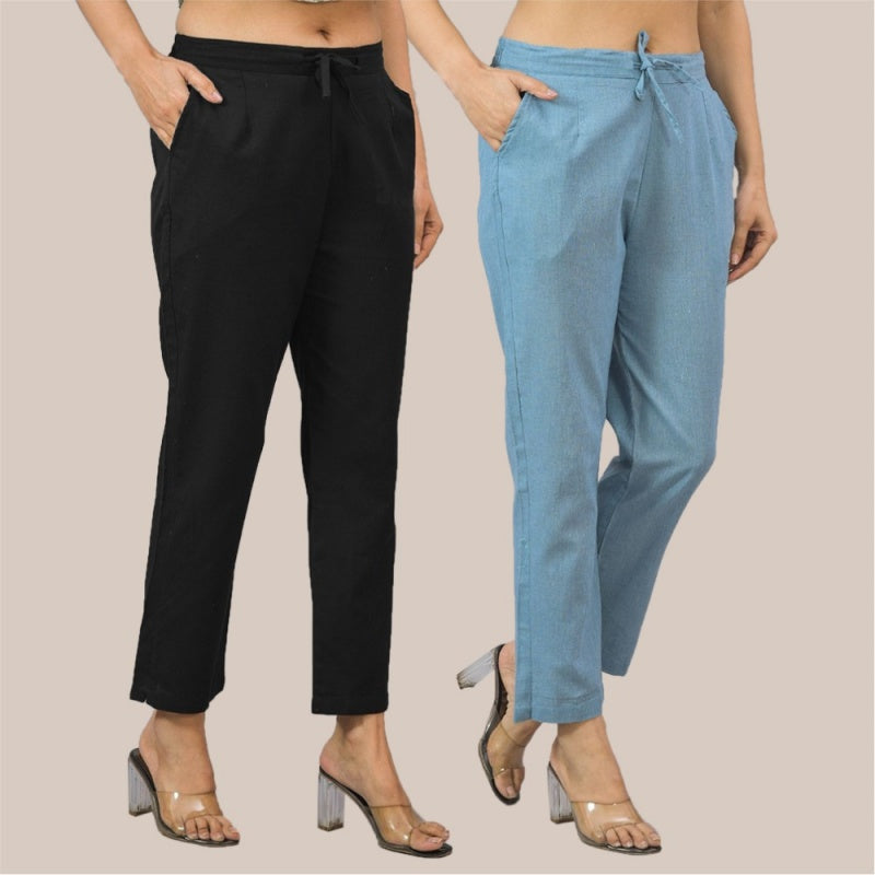 Combo of 2 Sky Blue and Black Cotton Flax Women Trouser Pant-10335