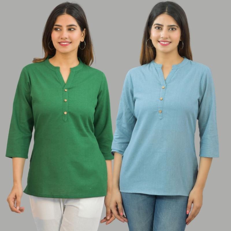 Combo of 2 Sky Blue and Bottle Green Cotton Flax Women Top