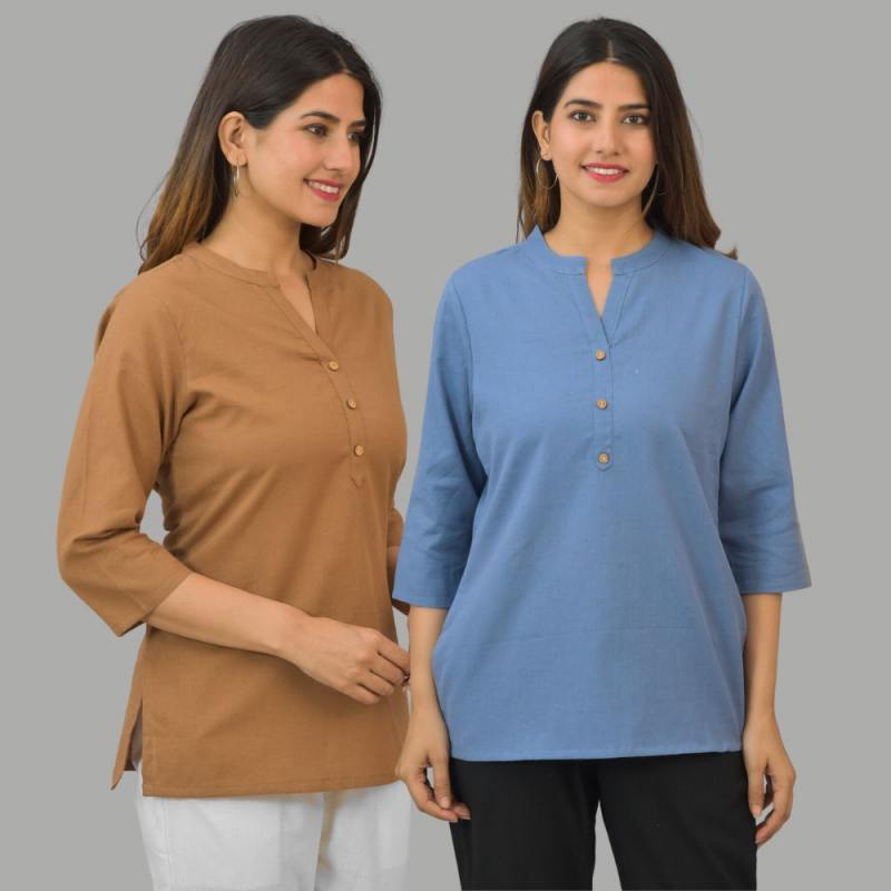Combo of 2 Sky Blue and Brown Cotton Flax Women Top