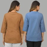 Combo of 2 Sky Blue and Brown Cotton Flax Women Top