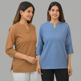 Combo of 2 Sky Blue and Brown Cotton Flax Women Top