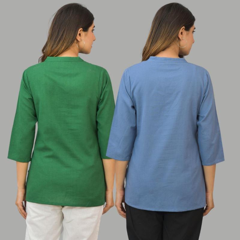 Combo of 2 Sky Blue and Green Cotton Flax Women Top