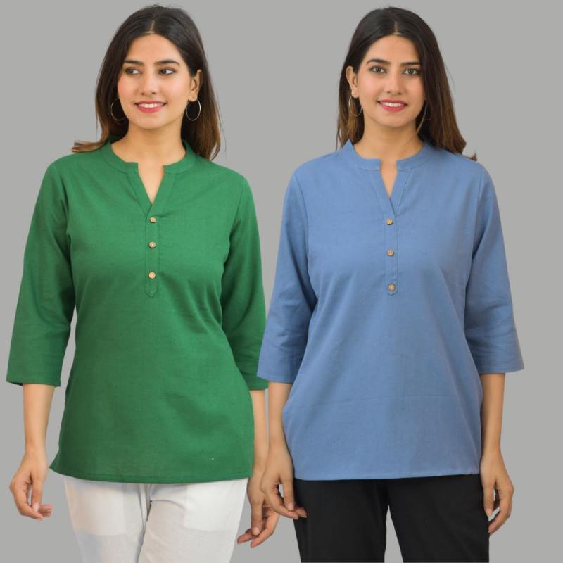 Combo of 2 Sky Blue and Green Cotton Flax Women Top