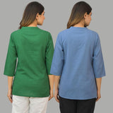 Combo of 2 Sky Blue and Green Cotton Flax Women Top
