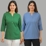 Combo of 2 Sky Blue and Green Cotton Flax Women Top