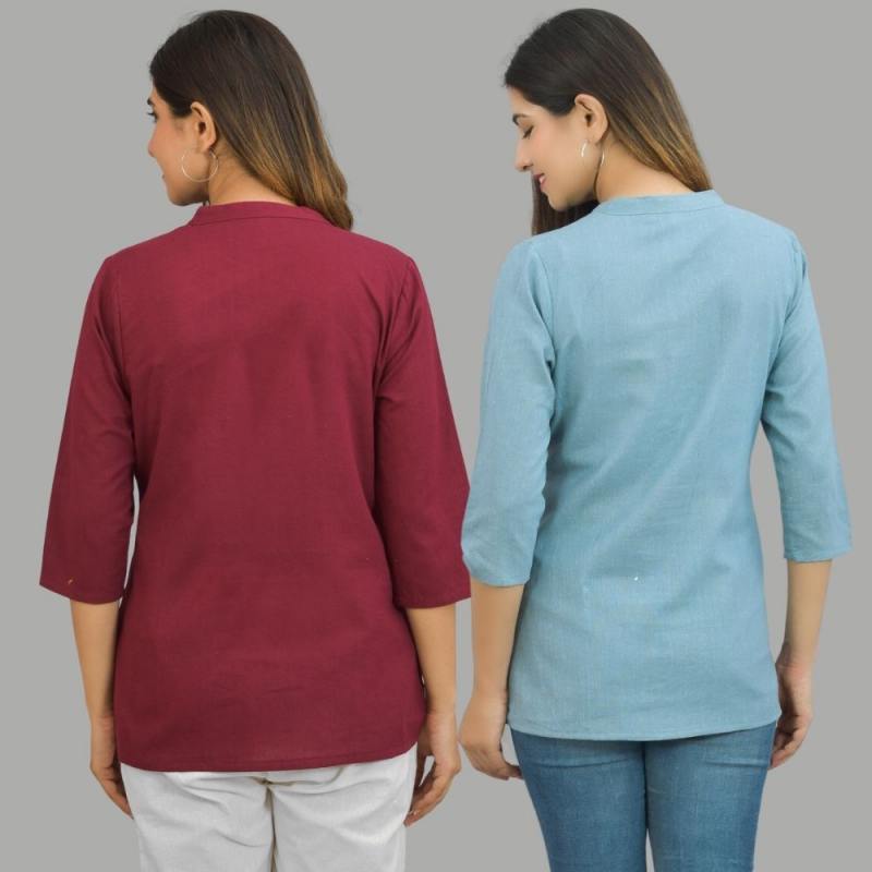 Combo of 2 Sky Blue and Maroon Cotton Flax Women Top