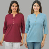 Combo of 2 Sky Blue and Maroon Cotton Flax Women Top