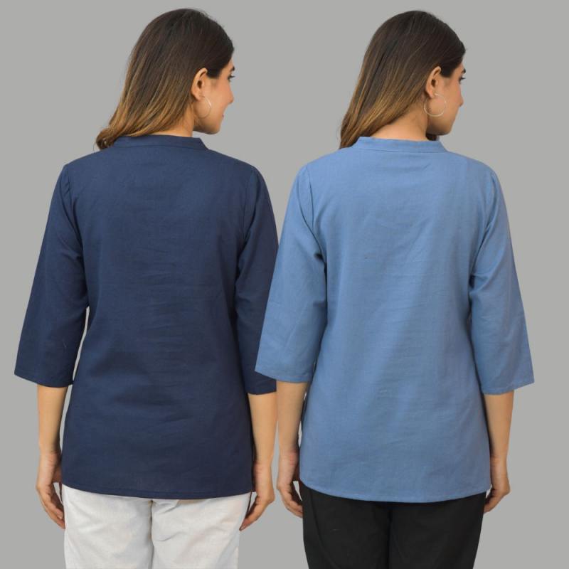 Combo of 2 Sky Blue and Navy Blue Cotton Flax Women Top