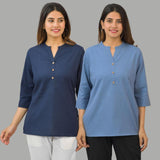 Combo of 2 Sky Blue and Navy Blue Cotton Flax Women Top