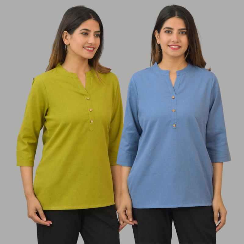 Combo of 2 Sky Blue and Olive Green Cotton Flax Women Top
