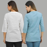 Combo of 2 Sky Blue and White Cotton Flax Women Top