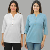 Combo of 2 Sky Blue and White Cotton Flax Women Top