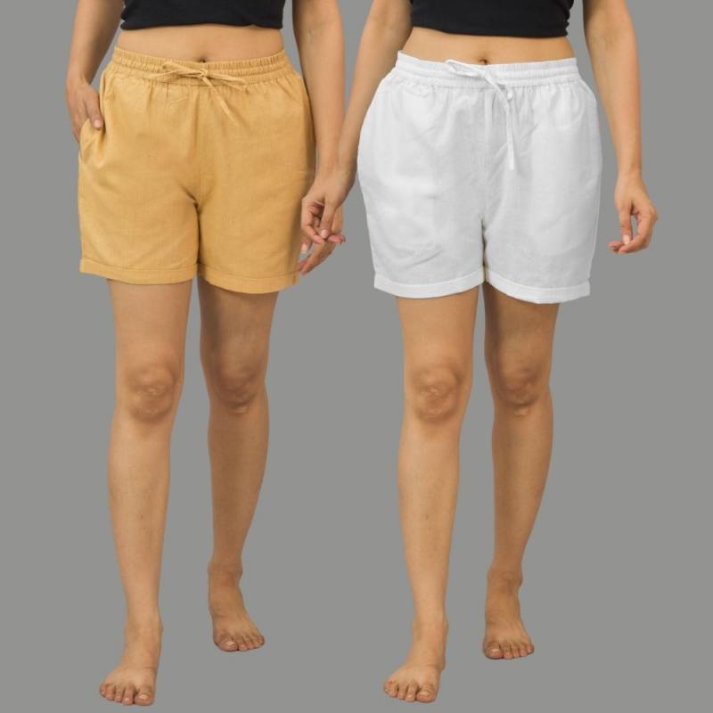 Combo of 2 White and Beige Cotton Women Shorts