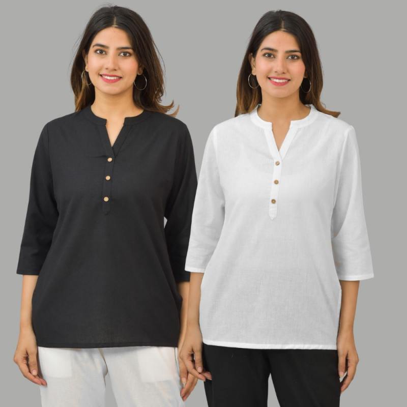 Combo of 2 White and Black Cotton Flax Women Top