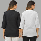 Combo of 2 White and Black Cotton Flax Women Top