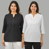 Combo of 2 White and Black Cotton Flax Women Top