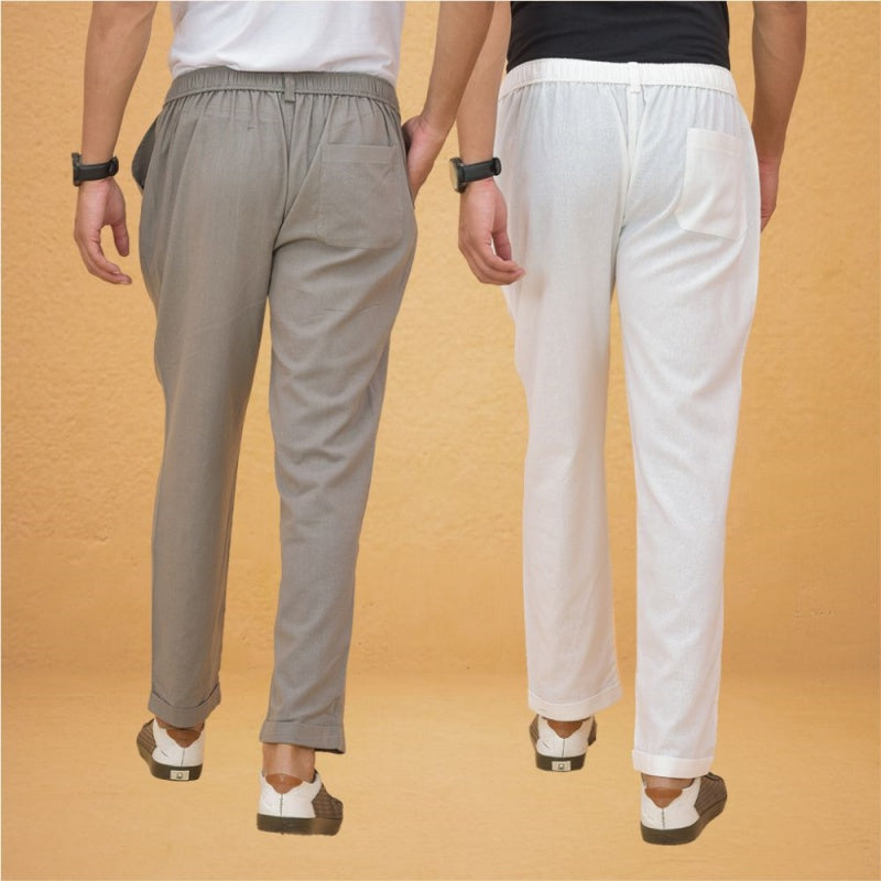 Combo of 2 White and Gray Cotton Regular Trousers