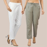 Combo of 2 White and Gray Cotton Flax Women Trouser Pant-10366