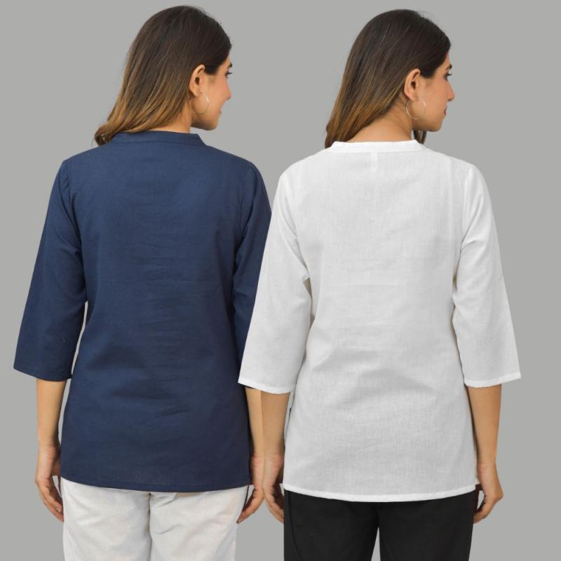 Combo of 2 White and Navy Blue Cotton Flax Women Top