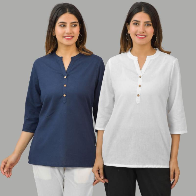 Combo of 2 White and Navy Blue Cotton Flax Women Top
