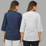 Combo of 2 White and Navy Blue Cotton Flax Women Top