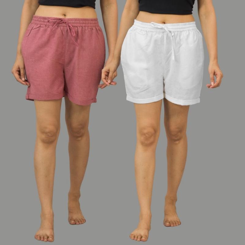 Combo of 2 White and Pink Cotton Women Shorts