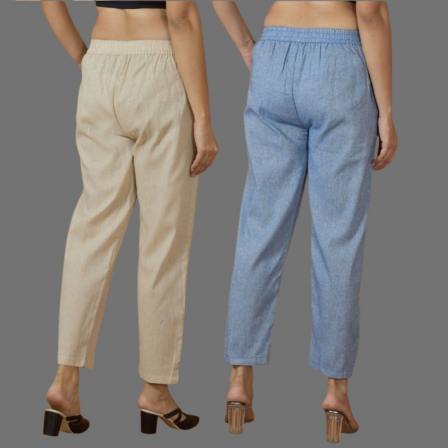 Combo of 2 Women Beige Blue Cotton Trouser Pant