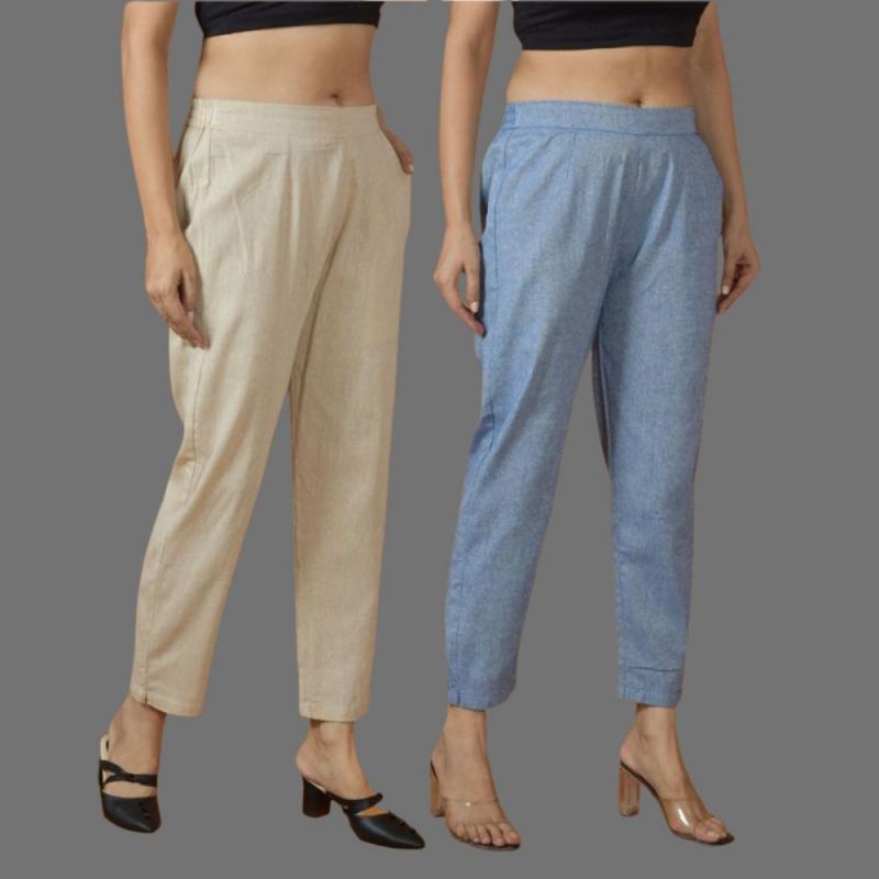 Combo of 2 Women Beige Blue Cotton Trouser Pant