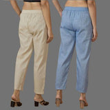 Combo of 2 Women Beige Blue Cotton Trouser Pant