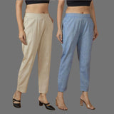 Combo of 2 Women Beige Blue Cotton Trouser Pant
