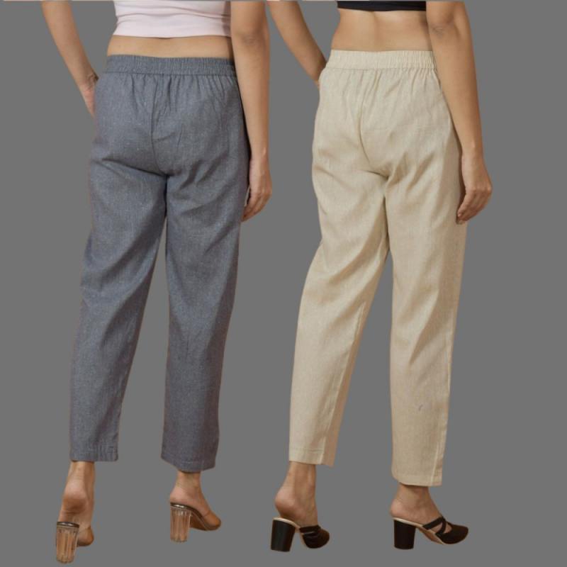 Combo of 2 Women Beige Gray Cotton Trouser Pant