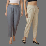 Combo of 2 Women Beige Gray Cotton Trouser Pant