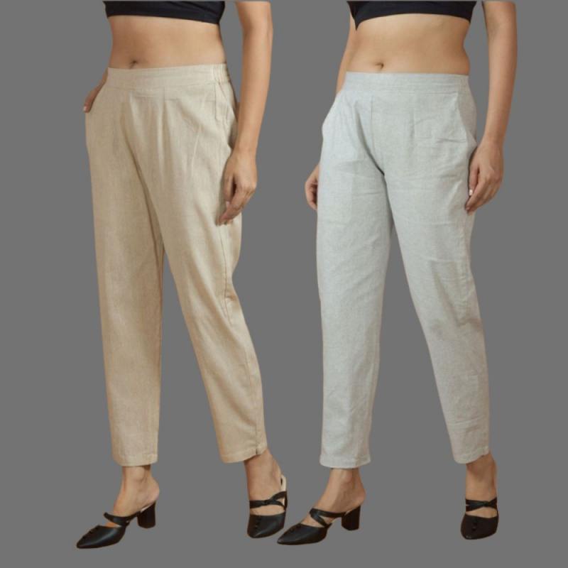 Combo of 2 Women Beige Light Gray Cotton Trouser Pant