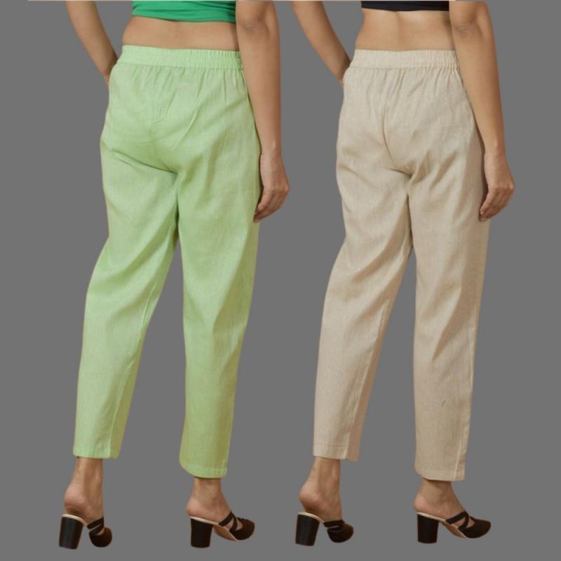 Combo of 2 Women Beige Mint Green Cotton Trouser Pant