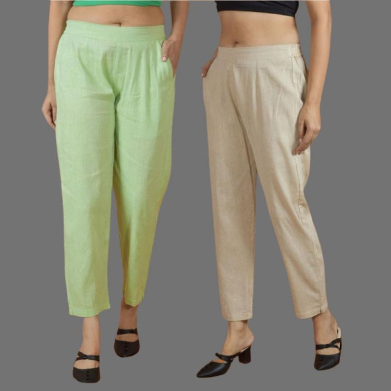 Combo of 2 Women Beige Mint Green Cotton Trouser Pant