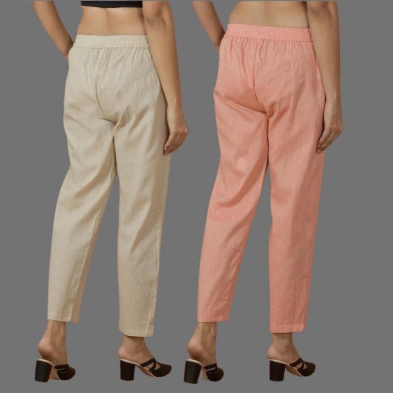 Combo of 2 Women Beige Peach Cotton Trouser Pant