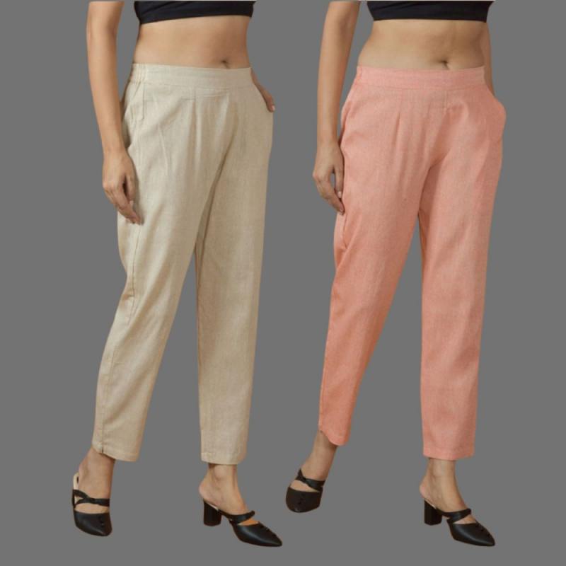 Combo of 2 Women Beige Peach Cotton Trouser Pant