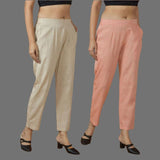 Combo of 2 Women Beige Peach Cotton Trouser Pant