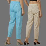 Combo of 2 Women Beige Sky Blue Cotton Trouser Pant